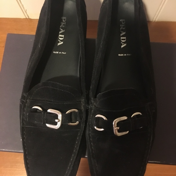 Prada Shoes - Prada Black Suede Loafers with Silver Buckle